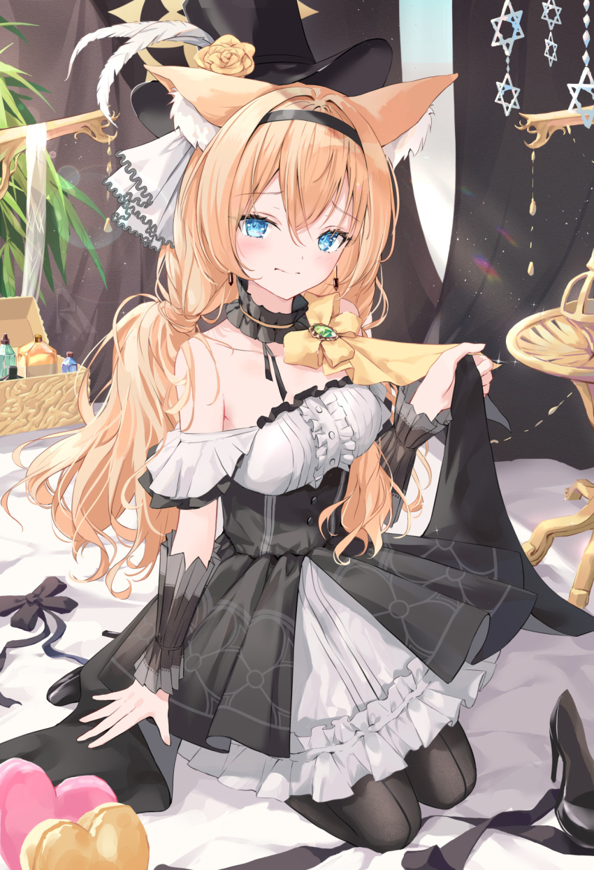 1girl, animal_ears, arino_ayarei, bare_shoulders, black_hairband, blue_archive, blue_eyes, blush
