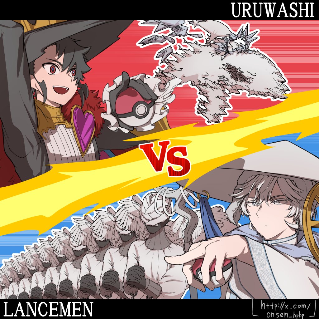 1boy, 1other, black_hair, gloves, hat, holding, holding_poke_ball, ichi_(madan_no_ichi), long_sleeves, madan_no_ichi, onsen_hphp, open_mouth, parody, poke_ball, poke_ball_(basic), pokemon_battle, shirt, short_hair, vs, white_eyes, white_hair, wide_sleeves, wings, witch