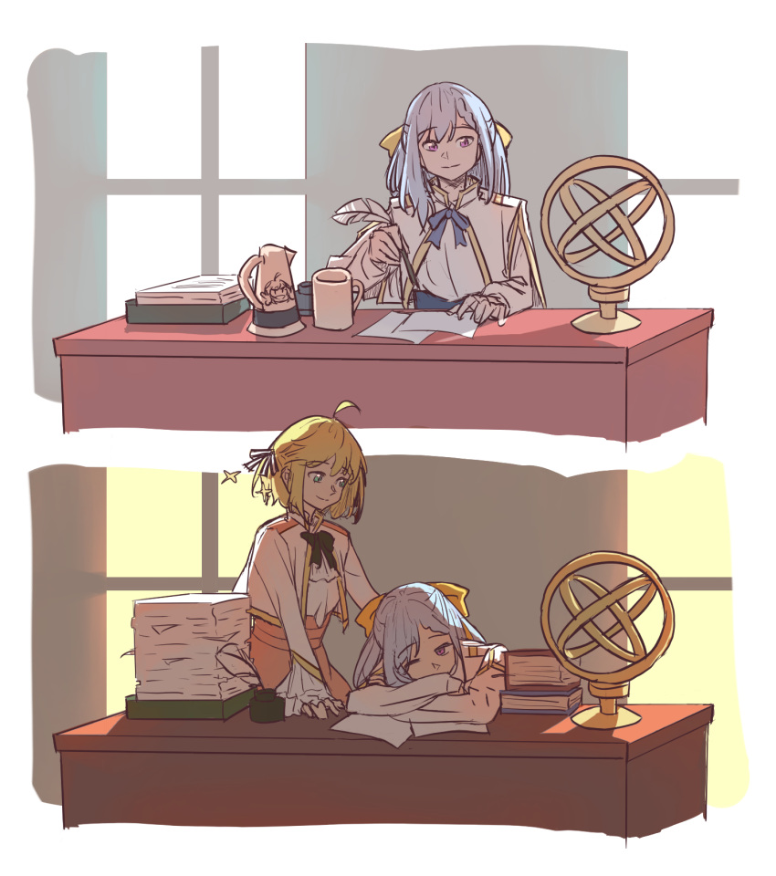 2girls, ahoge, anisphia_wynn_palettia, anjuro_zeeku, black_bow, black_bowtie, black_ribbon, blonde_hair