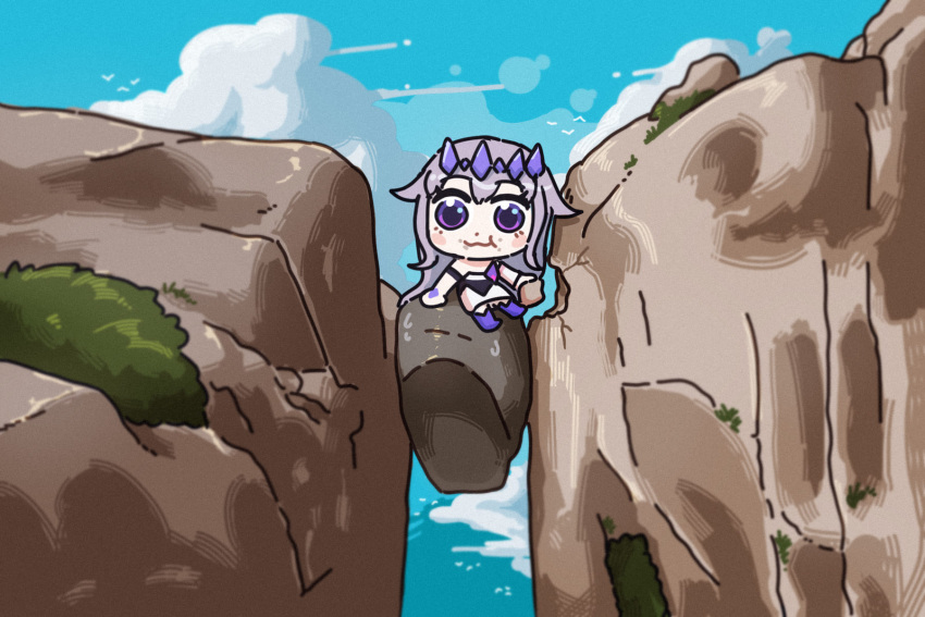 1girl, bing_huyue, blush_stickers, boulder, bridal_gauntlets, chest_jewel, chibi, circlet