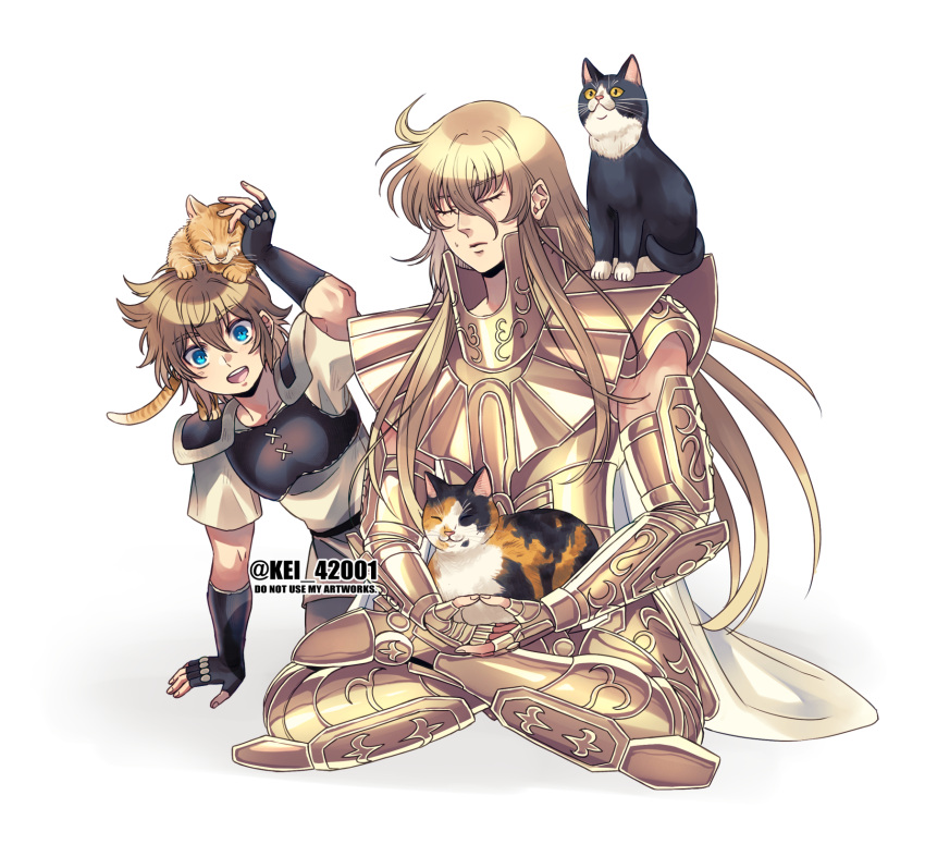 2boys, aged_down, androgynous, animal_on_head, animal_on_lap, animal_on_shoulder, arm_up, armor