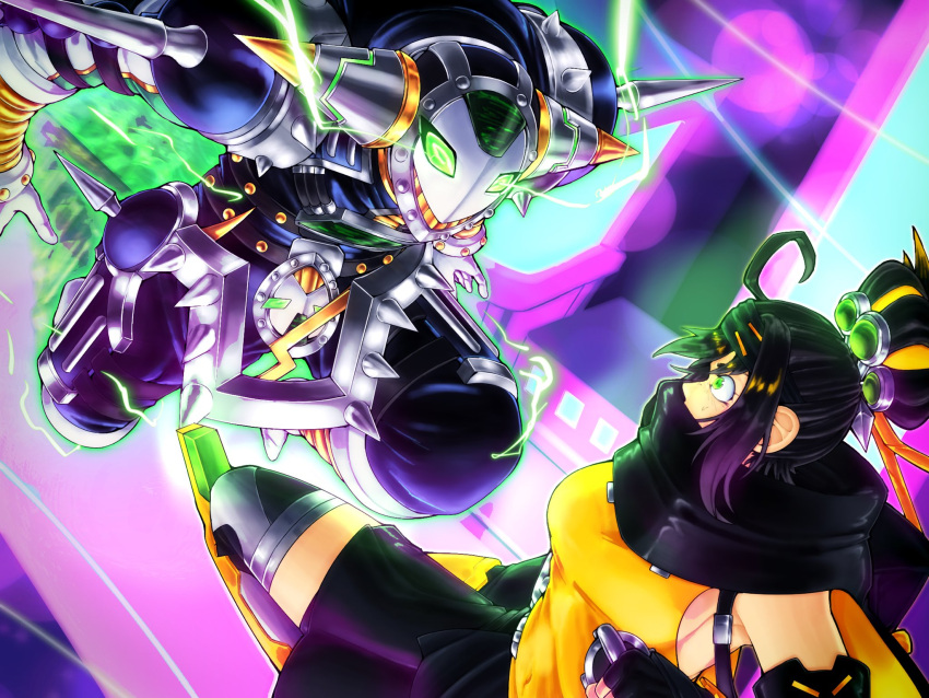 1boy, 1girl, ahoge, armor, black_hair, black_scarf, breasts, chasing