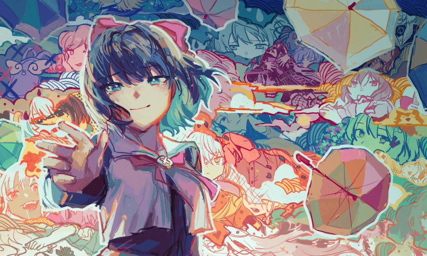 1boy, 6+girls, ame_wo_abiru_(tuyu), ano_yo_iki_no_bus_ni_notte_saraba, artist_name, blue_eyes, blue_hair, blue_shirt