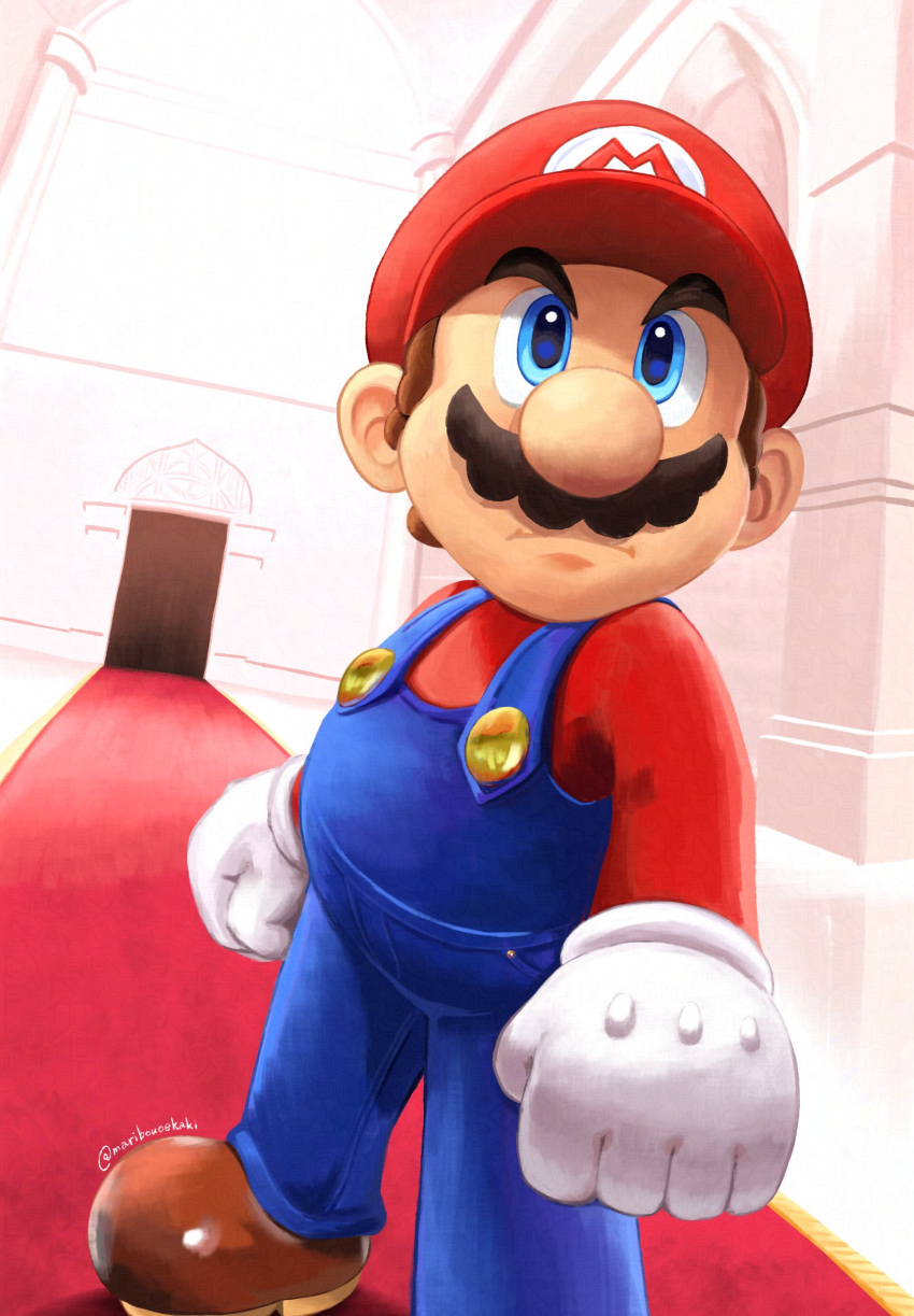 1boy, artist_name, blue_eyes, blue_overalls, brown_footwear, brown_hair, cabbie_hat, clenched_hands