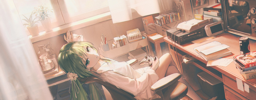 1girl, alternate_eye_color, alternate_hair_color, book, can, casual, commentary, controller