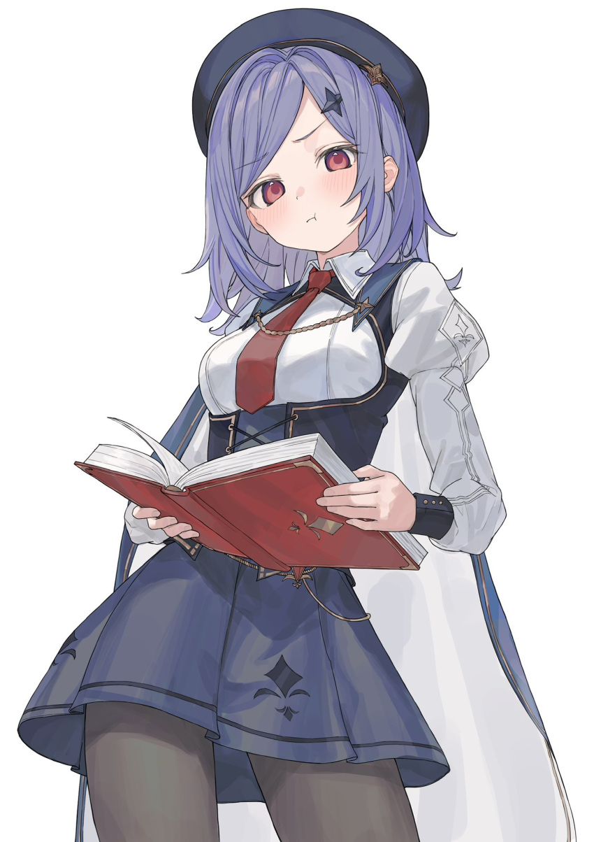1girl, :t, beret, black_pantyhose, blue_hat, blue_skirt, blush, book