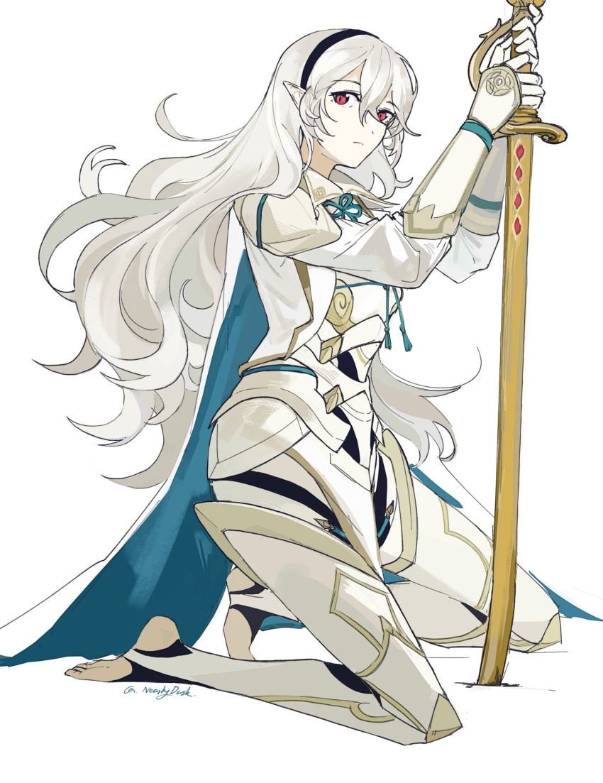 1girl, armor, black_hairband, blue_cape, cape, commentary, corrin_(female)_(fire_emblem), corrin_(fire_emblem), expressionless, fire_emblem, fire_emblem_fates, full_body, hairband, hashtag-only_commentary, highres, kneeling, long_hair, looking_at_viewer, nearlydusk, planted, planted_sword, pointy_ears, red_eyes, simple_background, solo, sword, toes, weapon, white_background, white_hair