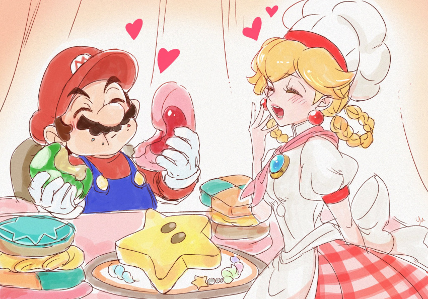 1boy, 1girl, :t, agua_mp, apron, big_nose, blonde_hair, blue_overalls, blush, braid, brown_hair, cabbie_hat, chef_hat, closed_eyes, commentary, cookie, dress, earrings, eating, facial_hair, food, food_on_face, gloves, hair_rings, hat, heart, highres, holding, holding_food, jewelry, long_hair, mario, mustache, official_alternate_costume, open_mouth, overalls, patissiere_peach, pink_sailor_collar, princess_peach, princess_peach:_showtime!, puffy_short_sleeves, puffy_sleeves, red_shirt, sailor_collar, shirt, short_sleeves, simple_background, sketch, sphere_earrings, super_mario_bros., super_star_(mario), symbol-only_commentary, table, upper_body, white_apron, white_gloves, white_hat
