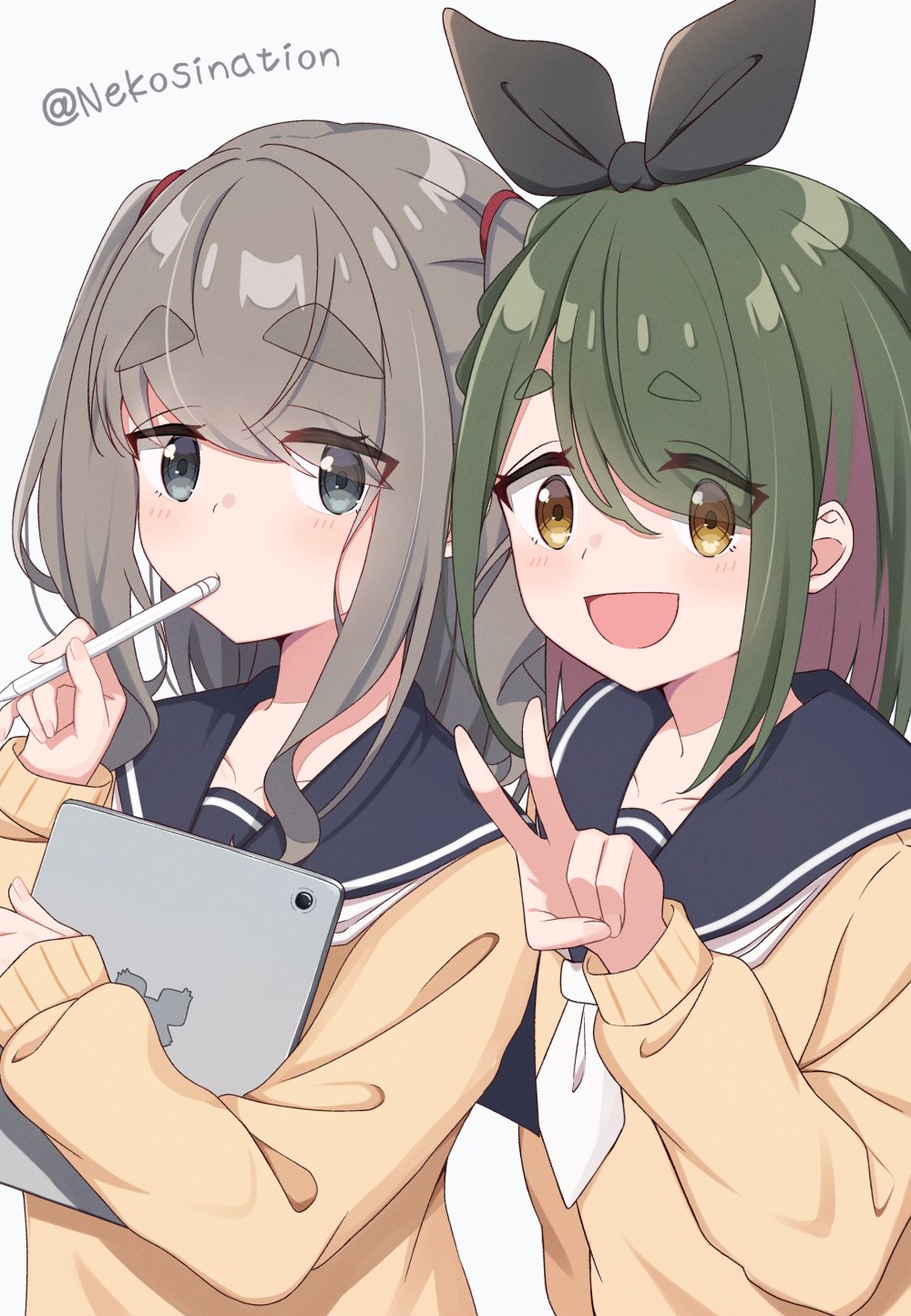 2girls, blue_sailor_collar, bow, cardigan, drawing_tablet, eyes_visible_through_hair, green_hair, grey_eyes