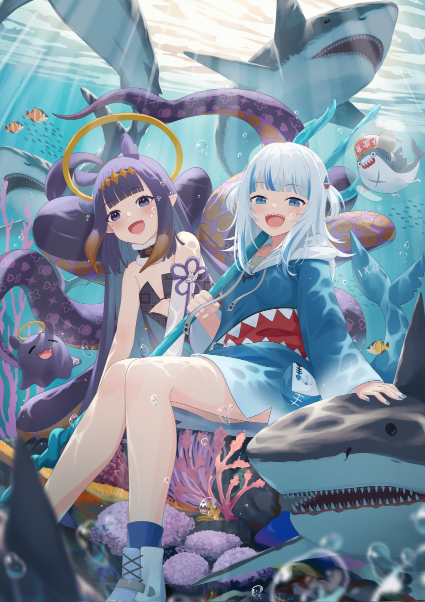 2girls, air_bubble, animal_hood, bloop_(gawr_gura), blue_eyes, blue_hoodie, blue_nails, blue_socks