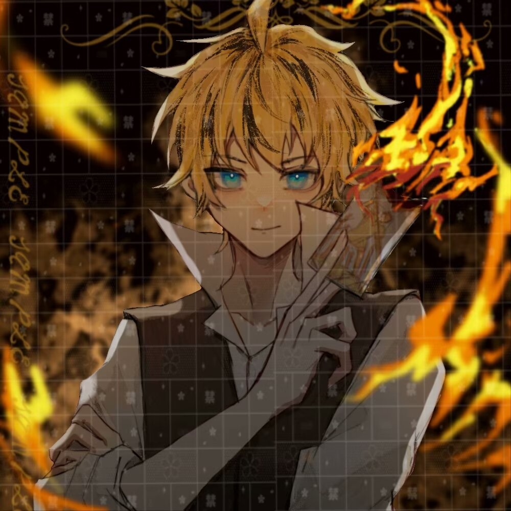 1boy, ahoge, between_fingers, black_background, blonde_hair, blue_eyes, brown_eyes, burning