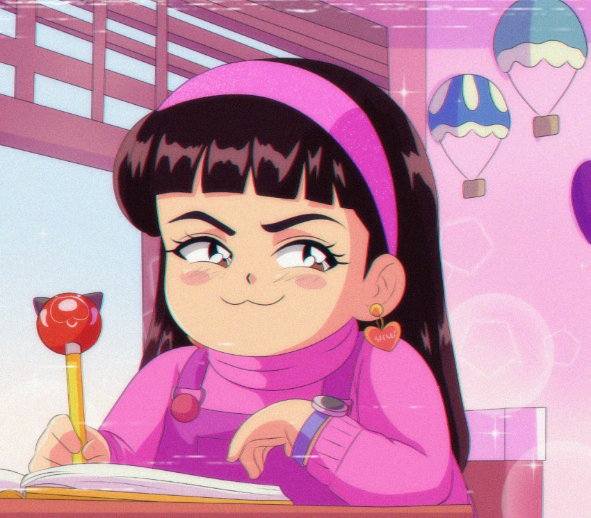 1990s_(style), 1girl, abby_(turning_red), animification, black_hair, blue_overalls, brenni_murasaki, brown_eyes
