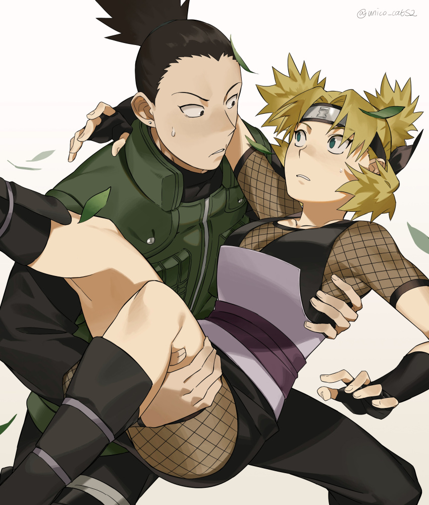 1boy, 1girl, absurdres, black_gloves, black_hair, black_pants, blonde_hair, carrying