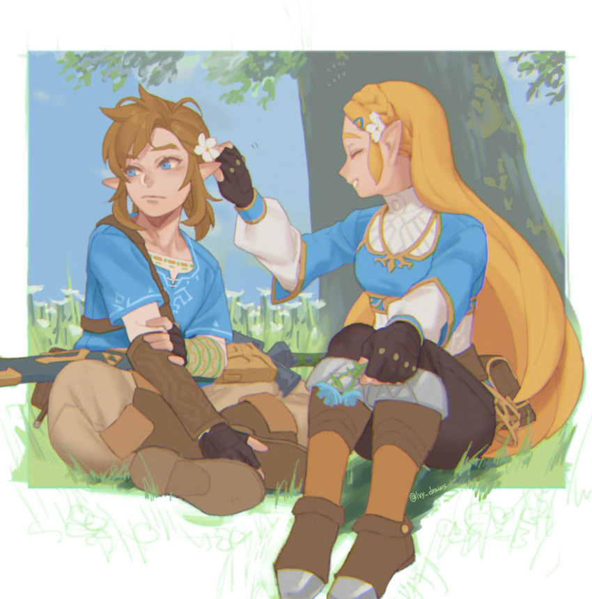 1boy, 1girl, black_pants, blonde_hair, blue_eyes, blue_shirt, boots, brown_footwear, brown_hair, brown_pants, champion's_tunic_(zelda), closed_eyes, flower, hair_flower, hair_ornament, highres, indian_style, ivy_(sena0119), knees_up, link, outdoors, pants, pointy_ears, princess_zelda, shirt, sitting, smile, the_legend_of_zelda, the_legend_of_zelda:_breath_of_the_wild, tree, under_tree, white_flower