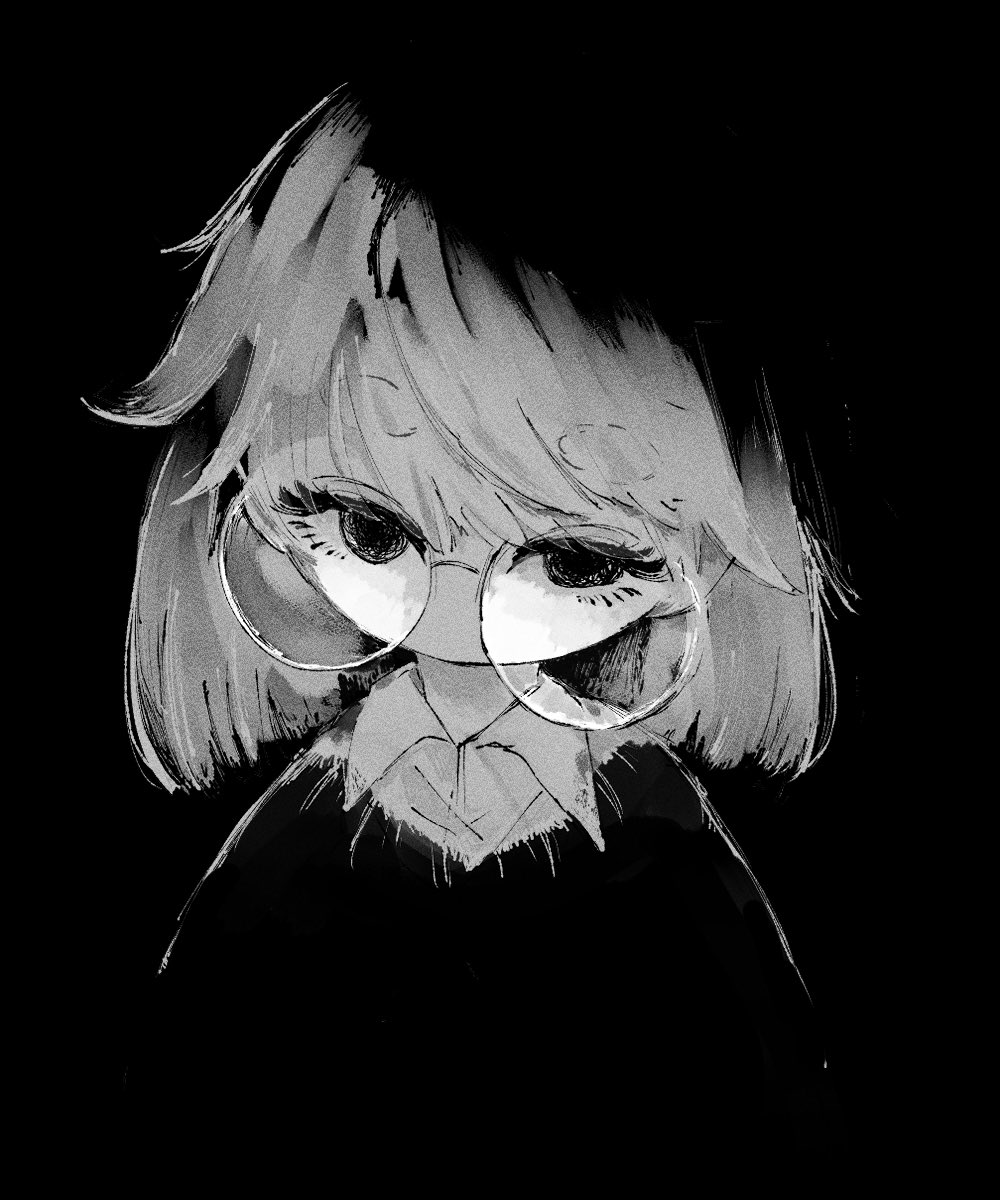1girl, black_background, black_eyes, black_sweater, bob_cut, collared_shirt, dim_lighting, eve_(musician), eyelashes, eyewear_on_head, glasses, highres, lazy_cat_(song), medium_hair, monochrome, off_script_(character), portrait, rimless_eyewear, round_eyewear, shirt, simple_background, solo, sweater, tntnsstn, white_hair, white_shirt