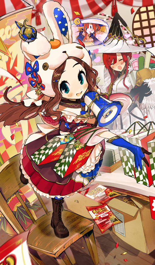 2girls, animal_hood, bag, blue_eyes, blue_gloves, blush, boots, breasts, brown_dress, brown_footwear, brown_hair, closed_eyes, dress, earrings, elbow_gloves, fate/grand_order, fate_(series), feather_boa, food, forehead, fruit, gloves, hat, hood, jewelry, leonardo_da_vinci_(fate), leonardo_da_vinci_(first_sale)_(fate), leonardo_da_vinci_(rider)_(fate), long_hair, long_sleeves, looking_at_viewer, mandarin_orange, medium_breasts, miss_crane_(fate), miss_crane_(second_ascension)_(fate), multiple_girls, non-humanoid_robot, official_art, open_mouth, parted_bangs, ponytail, puffy_sleeves, rabbit_hood, red_skirt, redhead, robot, robot_animal, robot_bird, skirt, small_breasts, smile, soreeyu_(sore-yu), speaker, speech_bubble, thought_bubble, white_dress, white_hat, witch_hat