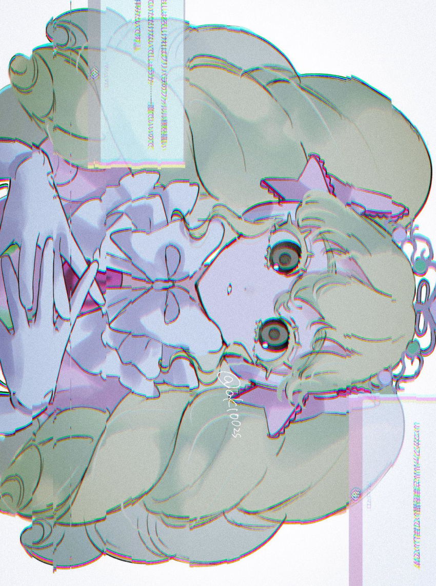 1girl, ak1002s, bow, chromatic_aberration, colored_eyelashes, falulu, gloves, green_hair