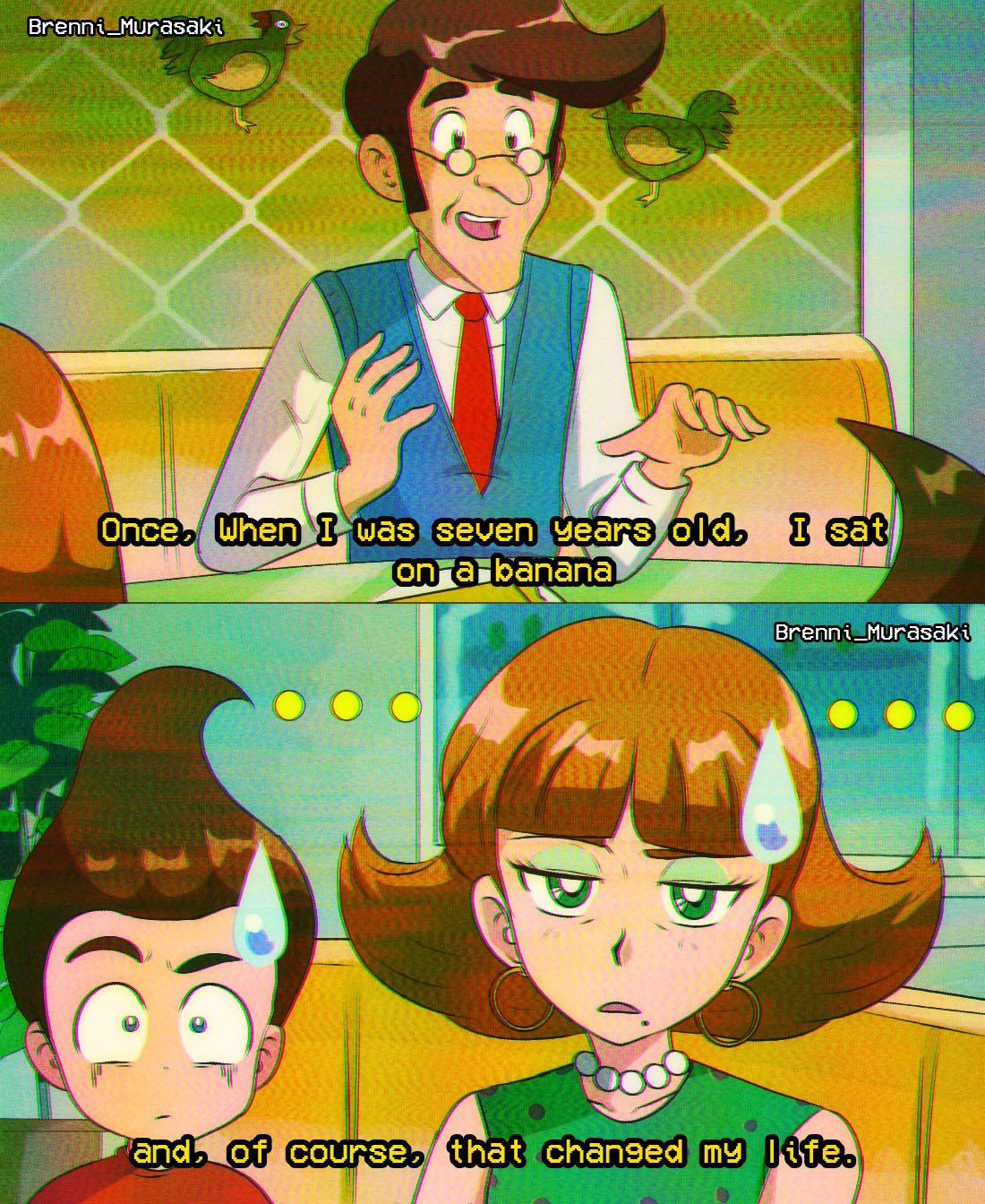 1990s_(style), 1girl, 2boys, animification, breasts, brenni_murasaki, brown_hair, collared_shirt, father_and_son, hetero, highres, hugh_neutron, jimmy_neutron, jimmy_neutron_(series), judith_neutron, mole, mole_under_mouth, mother_and_son, multiple_boys, retro_artstyle, scene_reference, shirt, striped_clothes, sweatdrop, vhs_artifacts