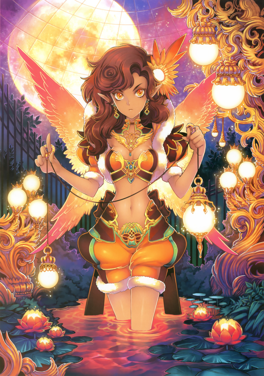 bloomers, brown_hair, dark_skin, earrings, fairy, flower, highres, jewelry