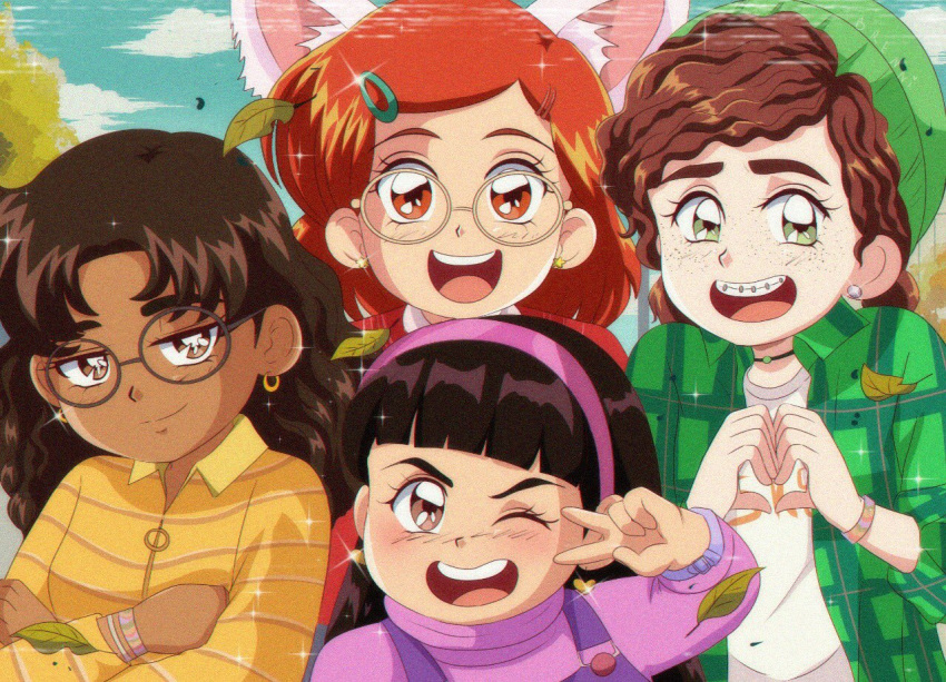 1990s_(style), 4girls, abby_(turning_red), animification, beanie, black_hair, braces, brenni_murasaki