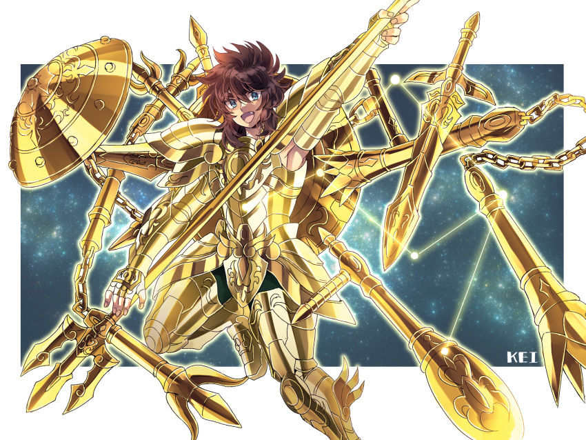 1boy, armor, armored_boots, blue_eyes, boots, brown_hair, buckler, fang