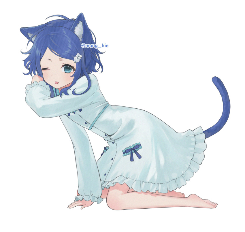 1girl, animal_ear_fluff, animal_ears, arm_support, barefoot, blue_eyes, blue_hair, blue_ribbon, cat_ears, cat_tail, commentary_request, dress, frilled_dress, frills, full_body, hair_ornament, hand_up, heart, heart_hair_ornament, highres, kemonomimi_mode, kneeling, korean_commentary, long_sleeves, looking_at_viewer, mung_hie, one_eye_closed, pretty_rhythm, pretty_rhythm_rainbow_live, pretty_series, ribbon, rinne_(pretty_rhythm), short_hair, simple_background, solo, tail, tongue, tongue_out, twitter_username, white_background, white_dress