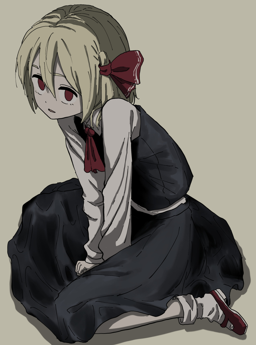 1girl, absurdres, ascot, black_footwear, black_vest, blonde_hair, brown_background, double-parted_bangs, hair_between_eyes, hair_ribbon, hand_between_thighs, highres, long_sleeves, parted_lips, red_ascot, red_eyes, red_ribbon, ribbon, rumia, shirt, short_hair, sitting, socks, solo, touhou, uzou_ck0l65ckol47909, vest, wariza, white_shirt, white_socks
