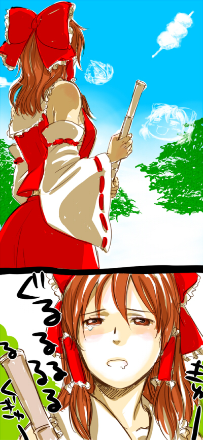 broom, brown_eyes, brown_hair, cloud, cohal, dango, detached_sleeves, drooling, face, food, hair_bow, hair_ornament, hakurei_reimu, hallucination, hunger_hallucination, hungry, long_hair, miko, poverty, sarashi, stomach_growling, tears, touhou, tree, wagashi, yukkuri_reimu, yukkuri_shiteitte_ne