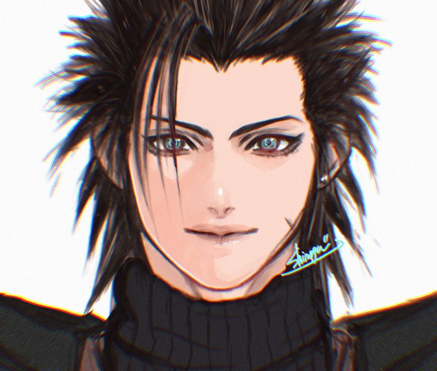 1boy, armor, artist_name, black_sweater, blue_eyes, closed_mouth, commentary_request, crisis_core_final_fantasy_vii, cross_scar, earrings, final_fantasy, final_fantasy_vii, hair_slicked_back, highres, jewelry, looking_at_viewer, male_focus, portrait, ribbed_sweater, scar, scar_on_cheek, scar_on_face, shinogu_r, short_hair, shoulder_armor, signature, single_earring, solo, spiky_hair, stud_earrings, sweater, turtleneck, turtleneck_sweater, upper_body, white_background, zack_fair