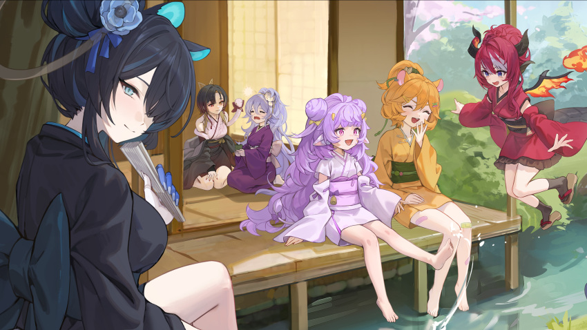6+girls, absurdres, alternate_costume, alternate_hair, animal_ears, aqua_eyes, artist_request, asymmetrical_horns