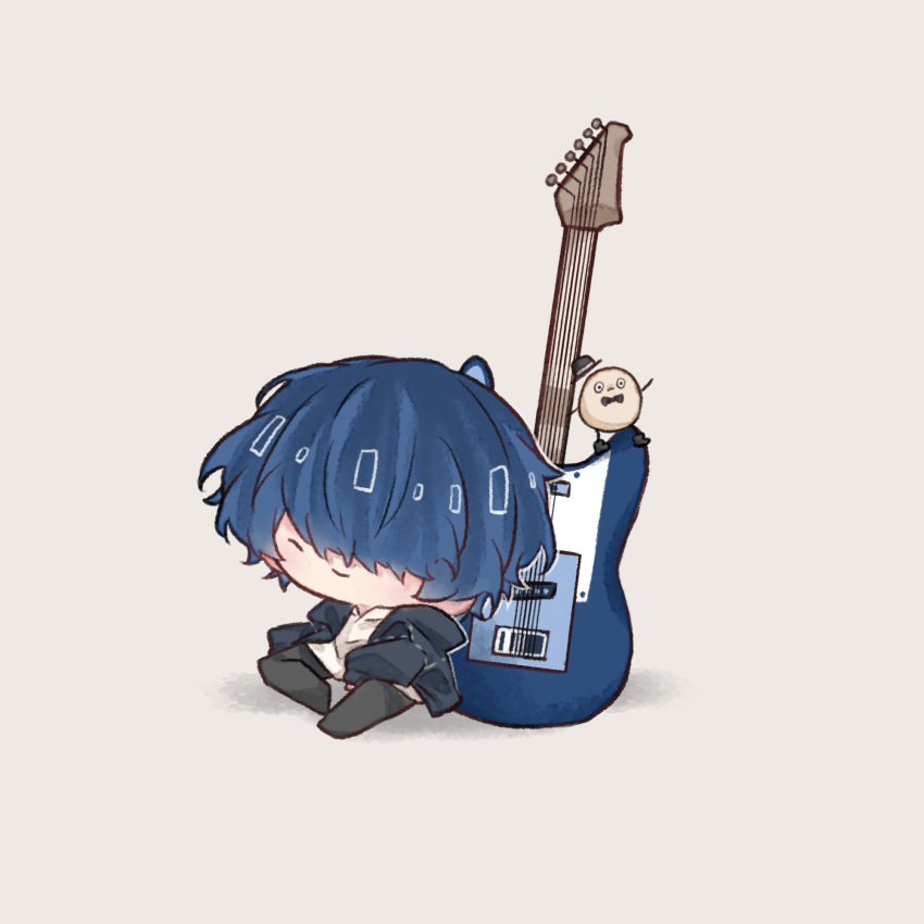black_bow, black_bowtie, black_footwear, blue_hair, blue_jacket, boots, bow, bowtie