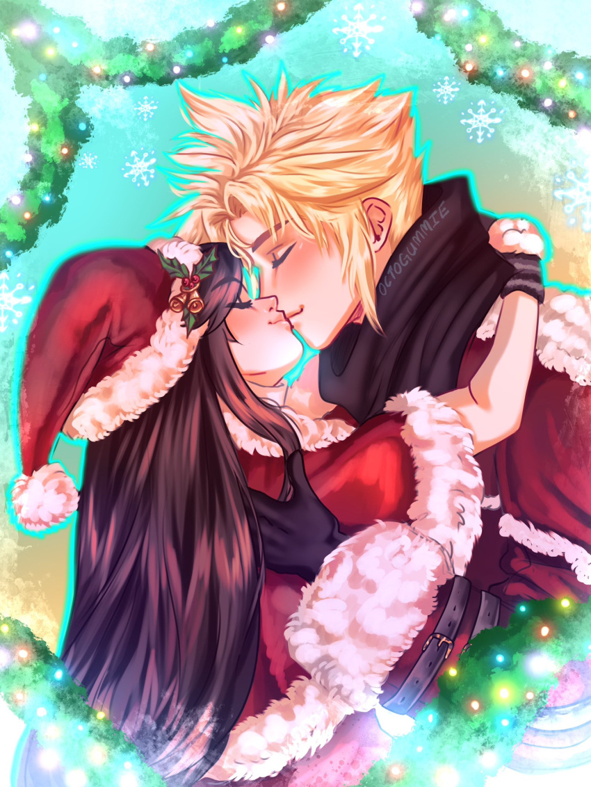 1boy, 1girl, black_gloves, black_hair, black_scarf, blonde_hair, blush, capelet, christmas, christmas_lights, christmas_ornaments, closed_eyes, closed_mouth, cloud_strife, cloud_strife_(holiday_outfit), couple, ear_blush, english_commentary, final_fantasy, final_fantasy_vii, final_fantasy_vii_ever_crisis, from_side, fur-trimmed_capelet, fur-trimmed_gloves, fur-trimmed_headwear, fur-trimmed_jacket, fur_trim, gloves, hat, hat_ornament, highres, holly_hat_ornament, hug, jacket, kiss, long_hair, long_sleeves, octogummie, official_alternate_costume, pom_pom_(clothes), profile, red_capelet, red_hat, red_jacket, santa_costume, santa_hat, scarf, short_hair, smile, snowflakes, spiky_hair, tifa_lockhart, tifa_lockhart_(fairy_of_the_holy_flame)