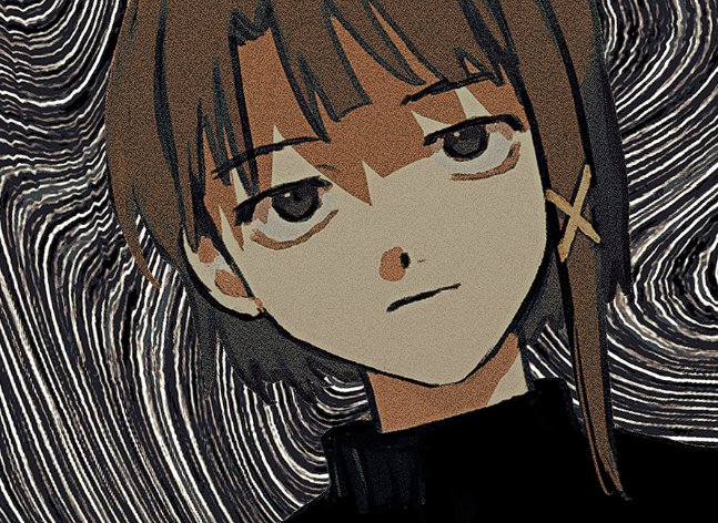 :|, abstract_background, asymmetrical_hair, bags_under_eyes, black_background, black_sweater, blank_stare, brown_eyes