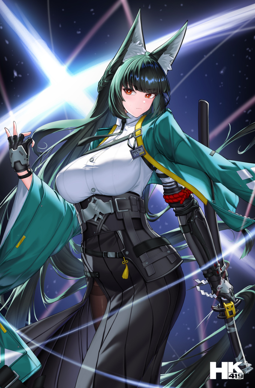 1girl, absurdres, animal_ear_fluff, animal_ears, black_gloves, black_hair, black_necktie, black_skirt, blunt_bangs, breasts, closed_mouth, cowboy_shot, dress_shirt, fingerless_gloves, fox_ears, fox_girl, gauntlets, glasses, gloves, green_jacket, high-waist_skirt, highres, hk419, holding, holding_sword, holding_weapon, hoshimi_miyabi, jacket, large_breasts, light_smile, long_hair, necktie, red_eyes, shirt, sidelocks, single_fingerless_glove, skirt, solo, sword, weapon, white_shirt, zenless_zone_zero