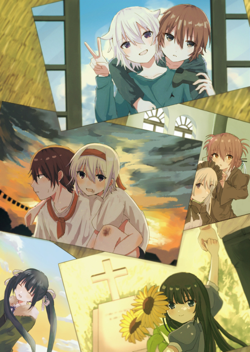 2boys, 3girls, absurdres, adjusting_another's_hair, black_bow, black_bowtie, black_dress, black_eyes