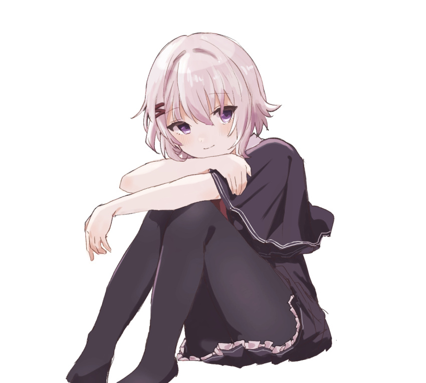 1girl, black_capelet, black_pantyhose, black_shirt, black_skirt, capelet, closed_mouth, collar