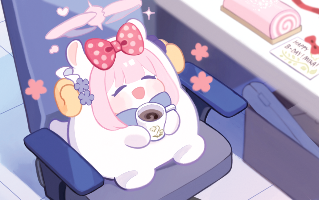 1girl, ^_^, animal_costume, animal_ears, blue_archive, blush, bow, cake
