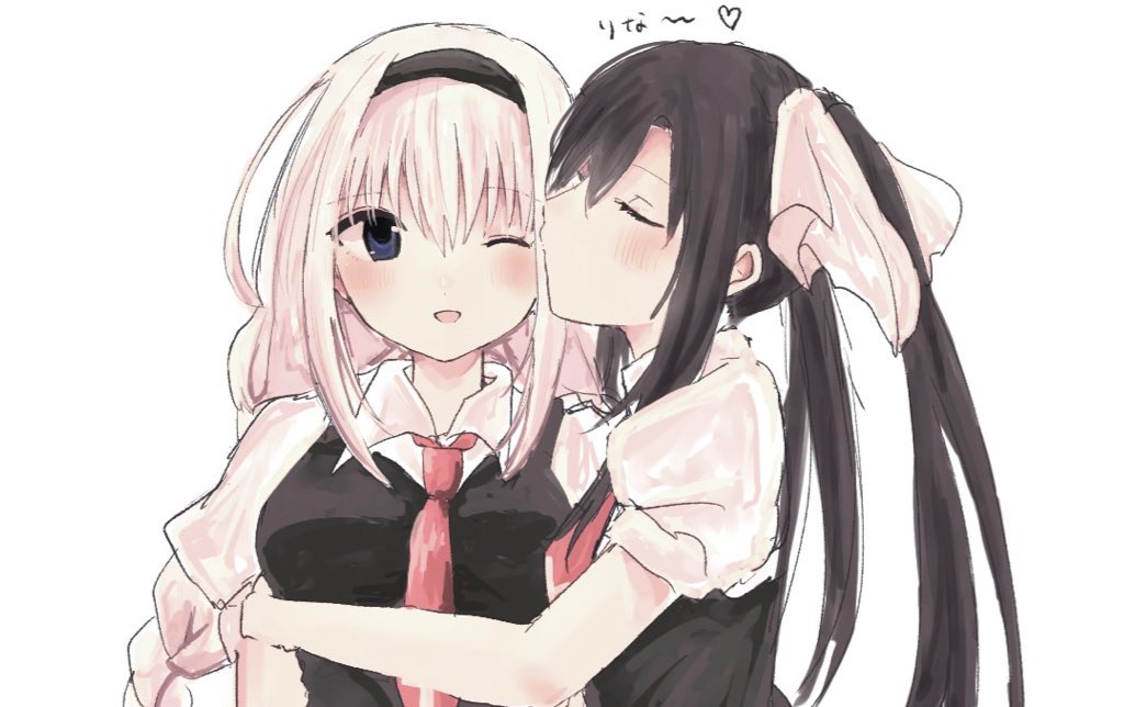 2girls, black_hair, black_hairband, black_vest, blue_eyes, bow, braid, breasts