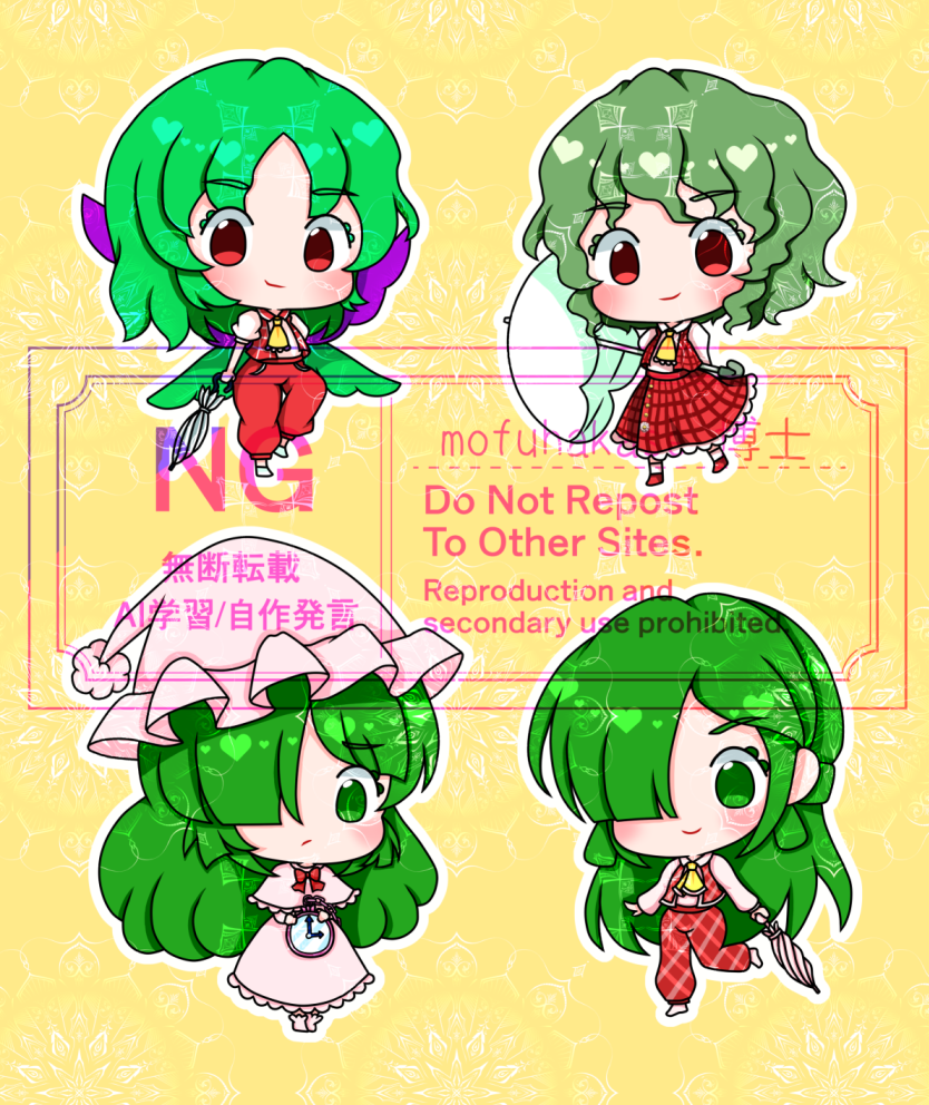 4girls, ascot, blush, bow, bowtie, capelet, chibi, clock