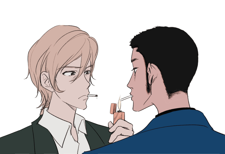 2boys, 333rd, albert_(lupin_iii), arsene_lupin_iii, black_hair, blonde_hair, blue_jacket, cigarette