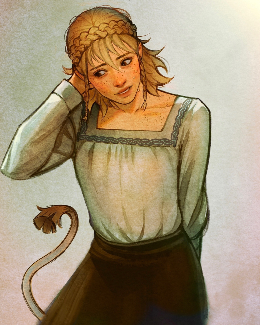 1girl, alt_text, alternate_eye_color, arm_behind_head, black_skirt, blonde_hair, blush, braid