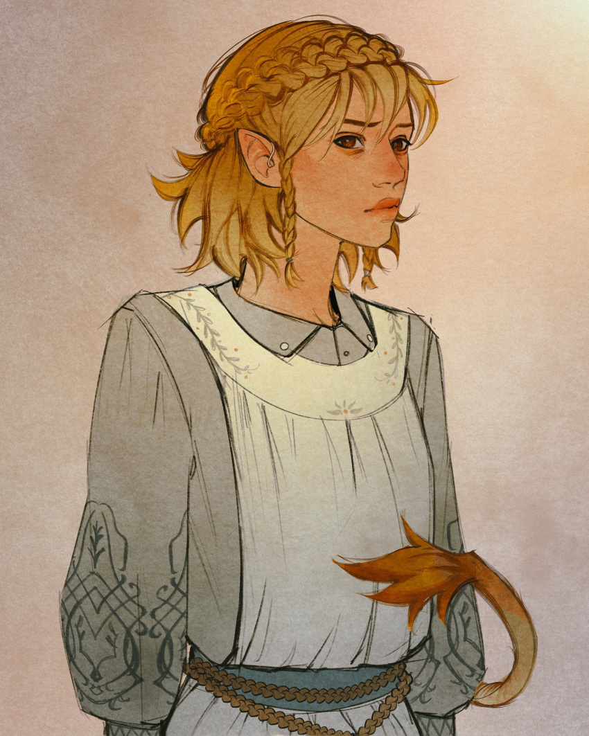 1girl, alt_text, alternate_eye_color, blonde_hair, braid, brown_eyes, cow_tail, ear_piercing