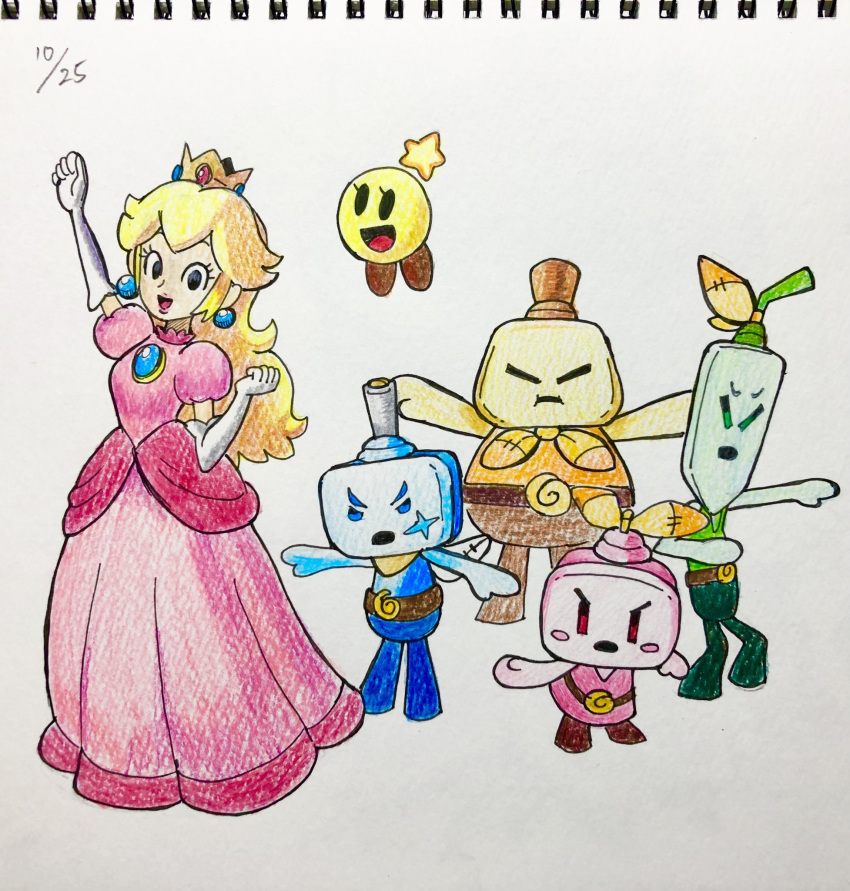 3boys, 3girls, blonde_hair, crown, dulles_(mario), ear_piercing, earrings, ellow_(mario)