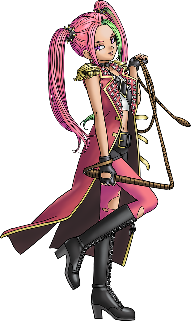 1girl, artist_request, belt, belt_collar, black_belt, black_collar, black_footwear, black_gloves, black_shorts, boots, check_artist, collar, crop_top, dragon_quest, dragon_quest_treasures, earrings, epaulettes, fingerless_gloves, gloves, gold_earrings, green_streaks, head_tilt, holding, holding_whip, hoop_earrings, jacket, jewelry, knee_boots, looking_to_the_side, merein, navel, official_art, pantyhose, pink_hair, pink_jacket, pink_pantyhose, shirt, shorts, sleeveless, sleeveless_jacket, smile, solo, spiked_hair_ornament, studded_jacket, toriyama_akira, torn_clothes, torn_pantyhose, transparent_background, twintails, white_shirt