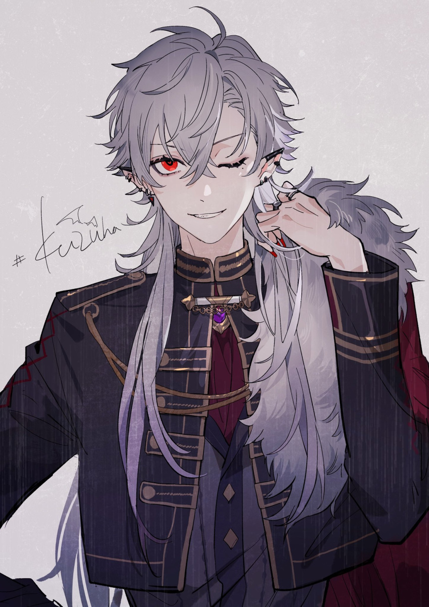 1boy, abbitr2, aiguillette, black_jacket, buttons, cape, character_name, cropped_jacket