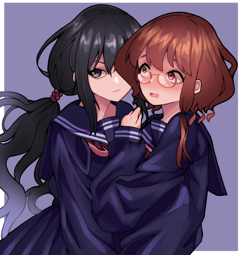 2girls, black_eyes, black_hair, blood-c, blood-c_the_last_dark, blue_sailor_collar, blue_serafuku, blue_shirt