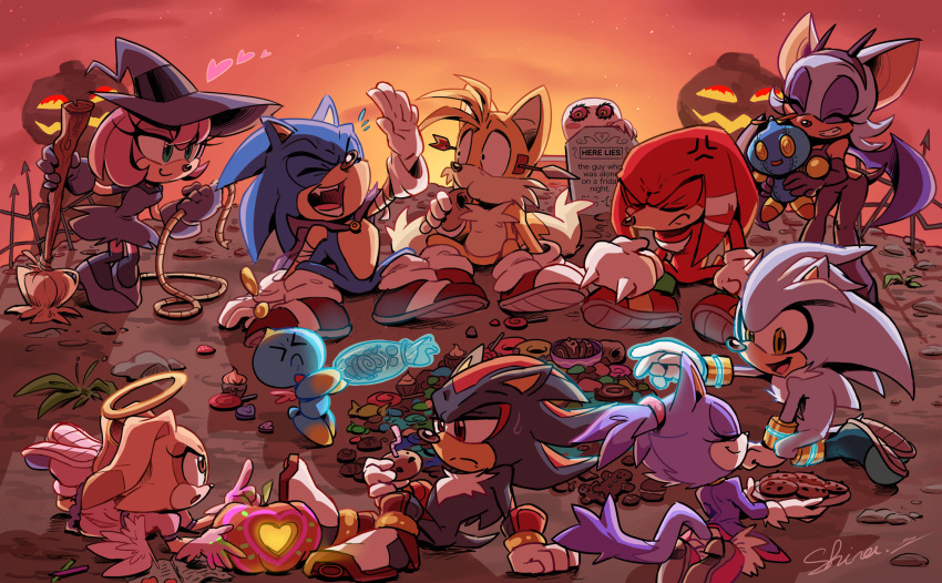 4girls, 5boys, ^_^, alone_on_a_friday_night?_(meme), alternate_costume, amy_rose, angel, animal_ears, animal_nose, artist_name, bare_shoulders, bat_ears, bat_girl, bat_tail, bat_wings, black_hair, blaze_the_cat, blue_hair, body_fur, boom_boo_(sonic), boots, bowl, breasts, broom, cake, candy, cat_ears, cat_girl, cat_tail, chao_(sonic), cheese_(sonic), chocolate, chocolate_chip_cookie, closed_eyes, coat, colored_sclera, cookie, cream_the_rabbit, dress, eyeshadow, fake_horns, fake_wings, fangs, flipped_hair, food, fox_ears, fox_tail, furry, furry_female, furry_male, gingerbread_man, gloves, grin, hairband, halloween, halo, hat, heart, helmet, high_heels, highres, holding, horns, lollipop, long_hair, looking_at_another, makeup, medium_breasts, meme, multiple_boys, multiple_girls, official_alternate_costume, omochao, open_mouth, outdoors, pink_hair, pointy_ears, propeller, pumpkin, pumpkin_hill, purple_coat, purple_hair, rabbit_ears, rabbit_girl, red_eyes, red_footwear, redhead, ringed_eyes, robot, rouge_the_bat, shadow_the_hedgehog, shira-hedgie, short_hair, signature, silver_the_hedgehog, sitting, sky, smile, sonic_(series), sonic_adventure_2, sonic_the_hedgehog, sonic_the_hedgehog_(vampire), swiss_roll, tail, tails_(sonic), telekinesis, tombstone, topknot, white_footwear, white_gloves, white_hair, wings, witch, witch_hat, yellow_eyes, yellow_pupils, yellow_sclera