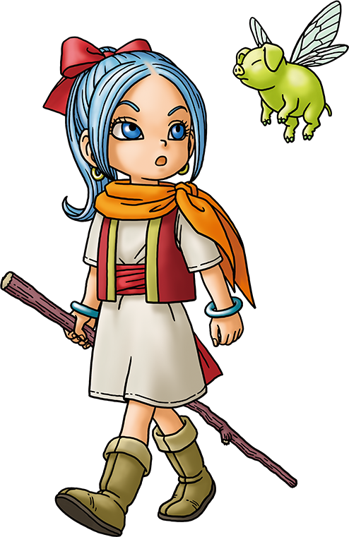 1boy, 1girl, aged_down, blue_eyes, blue_hair, boots, bow, bracelet, brown_footwear, child, closed_eyes, dragon_quest, dragon_quest_treasures, dress, earrings, full_body, gold_earrings, hair_bow, holding, holding_stick, hoop_earrings, insect_wings, jewelry, looking_at_another, looking_up, maya_(dq11), neckerchief, official_art, open_mouth, orange_neckerchief, parted_bangs, pig, ponytail, red_bow, red_sash, red_vest, sash, short_sleeves, stick, tonbuu_(dqt), toriyama_akira, transparent_background, vest, white_dress, wings