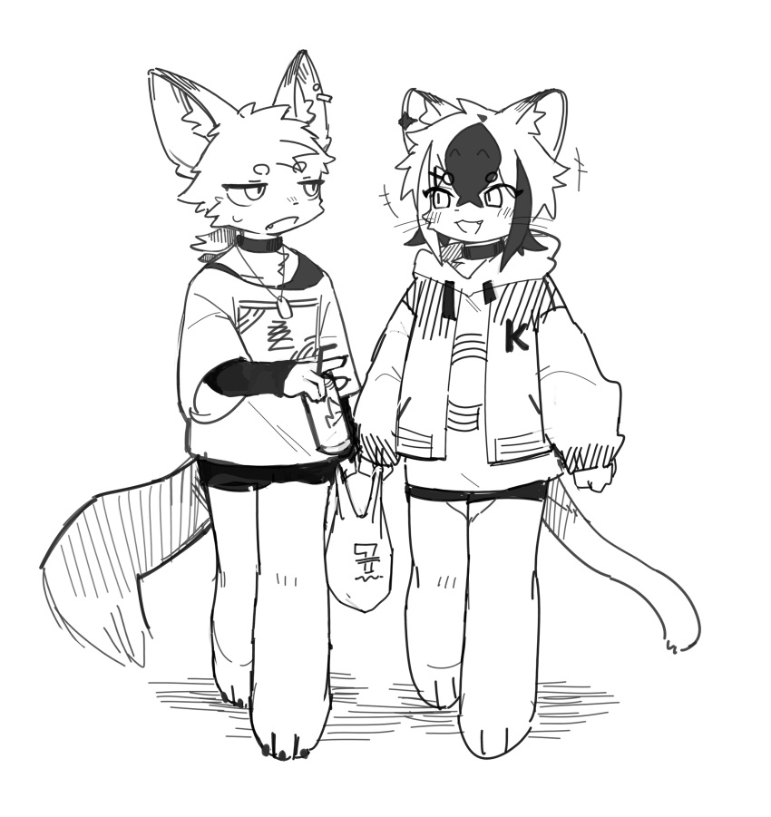 1boy, 1girl, absurdres, animal_ears, bag, barefoot, can, earrings