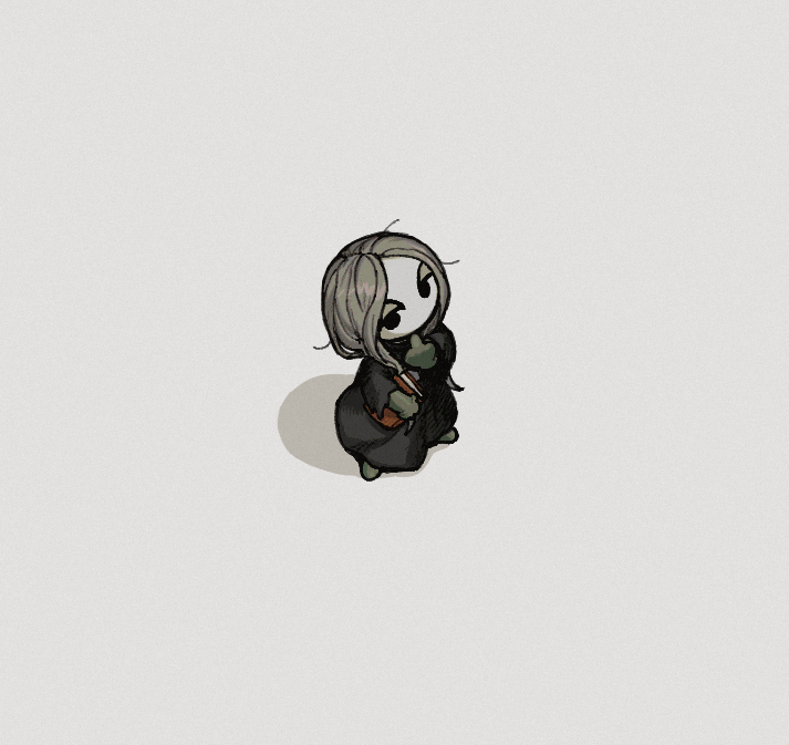 1boy, black_robe, book, brown_hair, chibi, chibi_only, commentary_request, enki_(fear_&amp;_hunger), fear_&amp;_hunger_(series), fear_&amp;_hunger_1, gloves, green_footwear, green_gloves, grey_background, holding, holding_book, long_hair, looking_at_viewer, middle_finger, robe, simple_background, sm2_hokke, solid_circle_eyes, solo
